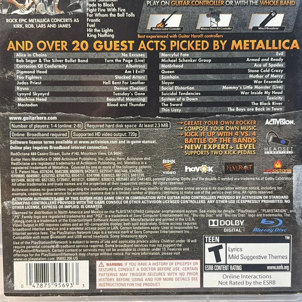 Guitar Hero: Metallica (Sony PlayStation 3 PS3, 2009) Game / Case Only T&W CLEAN